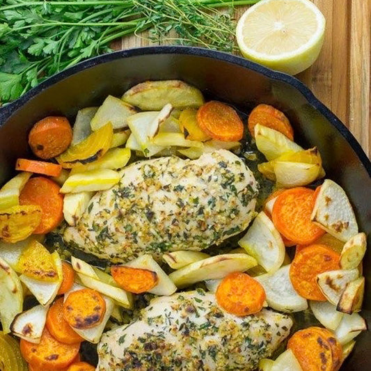 Herb grilled chicken with roasted fall vegetables with sweet potato
