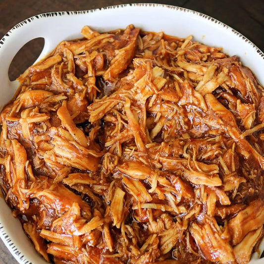Shredded BBQ chicken with roasted Brussels sprouts