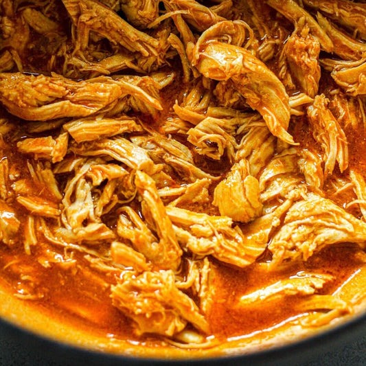 Shredded bbq chicken with roasted broccoli and red potatoes